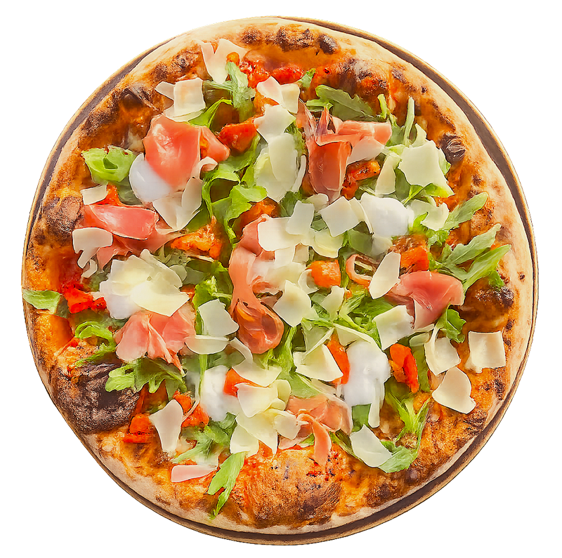 Pizza Primavera met parmaham, zongedroogde tomaten, rucola en verse mozzarella — Myropani